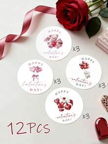 12张/套 大号情人节卡通装饰贴纸 – “情人节快乐”主题贴纸，图案为泰迪熊和心形气球。每张贴纸尺寸为5厘米/1.97英寸，适用于礼品包装、大信封、水瓶、手机壳和礼品盒。