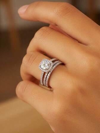 Newsoul 3pcs Romantic Gorgeous Ring 925 Sterling Silver High Sparkle Love Engagement Ring Women Fine Jewelry Valentine's Day Gift For Girlfriend Ladies Jewellery