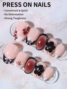 24pcs Short Oval 3D Gel Nail Stickers, Suitable For Floral & Pearl Nail Art, French Acrylic Press-On Nails, Short Design Perfectly Fits Fake Nails, Includes: 1pc Jelly Gel & 1pc Nail File. Short Nails Make Your Fingertips Shine Beautifully, Great For Parties, Dancing And Daily Use. - Multicolor - View 3