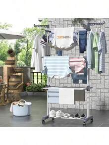 LOVEWE 4-Tier Oversized Foldable Stainless Steel Drying Rack (24 Poles +14 Hooks), 60.7" High Movable Laundry Rack (4 Castors) For Home/Dorm/Hotel, Grey - Xám - Xem 3