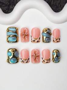 10pcs/Set Handmade Square Nail Tips, Y2K Baddie Style, Nude, Gold, Blue Color With French Edge, Leopard Print, Carved, Cat Eye, Steel Bead Design, Suitable For Party, Wedding, Daily Wear, Includes Tool Kit, Great Gift For Women And Girls