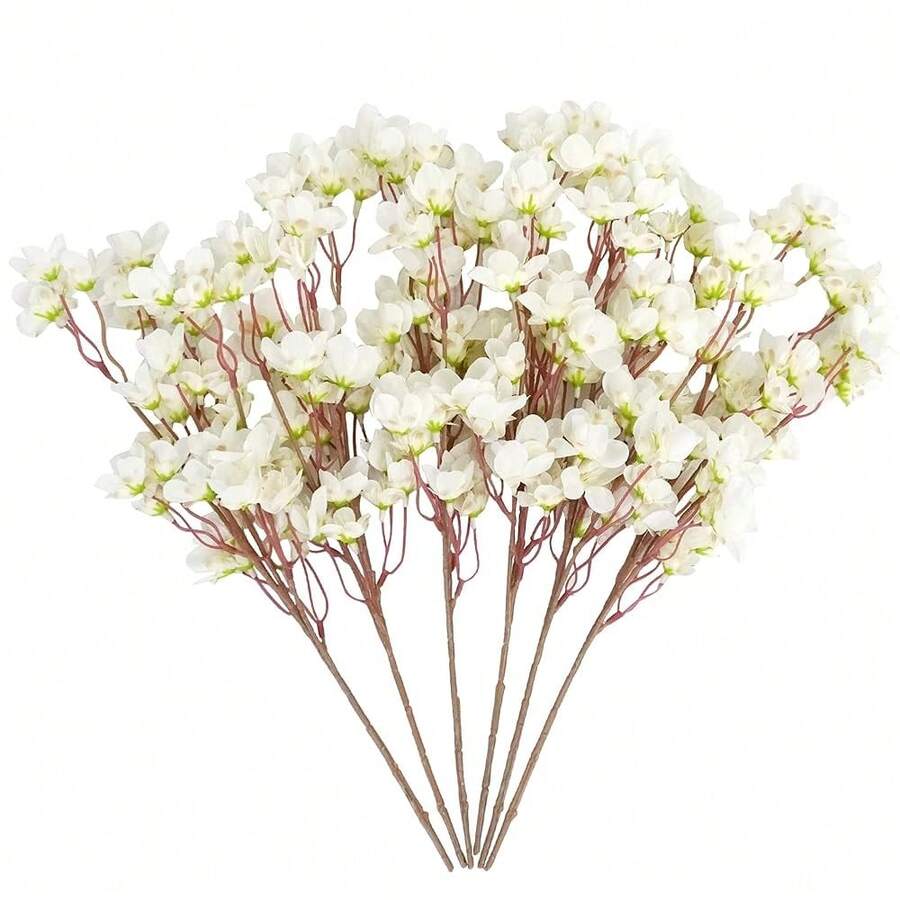 6Pcs Artificial Silk Cherry Blossom Flower Artificial Cherry Blossom Branches For DIY Wedding Bouquets Home Japanese Decor(White),White - 白色 - 查看 1