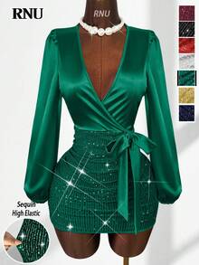 RNU Abito aderente in satin con paillettes, scollo a V, maniche a lanterna, patchwork, fiocco e dettaglio attorcigliato sulla parte anteriore, adatto per appuntamenti, discoteche, strade, San Valentino, Carnevale, compleanni, feste, Capodanno, primavera/estate, come abito da ospite per matrimoni o feste - Verde Scuro - Visualizzare 1