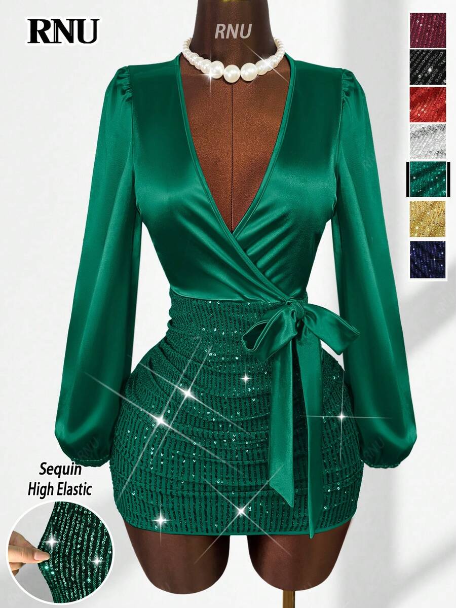 RNU Abito aderente in satin con paillettes, scollo a V, maniche a lanterna, patchwork, fiocco e dettaglio attorcigliato sulla parte anteriore, adatto per appuntamenti, discoteche, strade, San Valentino, Carnevale, compleanni, feste, Capodanno, primavera/estate, come abito da ospite per matrimoni o feste - Verde Scuro - Visualizzare 1