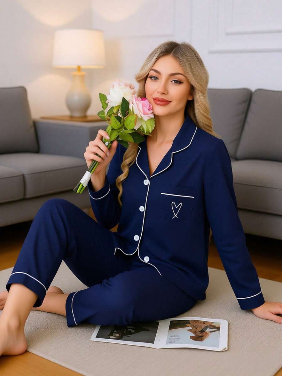 2 pièces Ensemble de pyjama femme avec Top à manches longues et pantalon, vêtements d'intérieur et d'extérieur décontractés et amples avec imprimé cœur, adapté pour l'automne et l'hiver - Bleu marine - Voir 1
