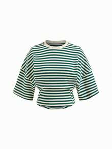 Camiseta feminina listrada com ombros caídos, gola redonda, manga média e cintura com cordão. - Verde - Ver 1