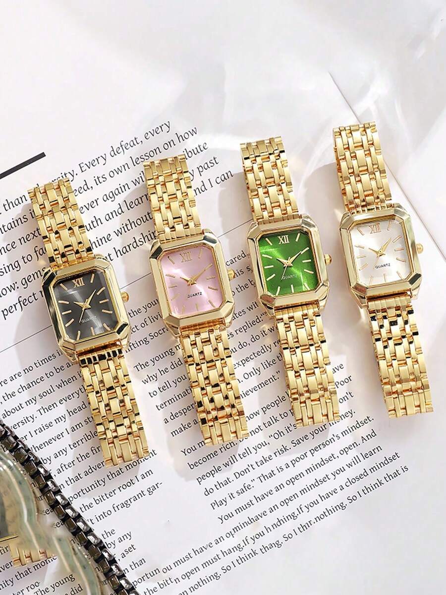 1pc Minimalist Elegant Mixed Bar Scale Square Dial Non-Waterproof Steel Band Quartz Watch, Suitable For Birthday Gift, Back To School Gift, Summer Vacation, Halloween Gift, Year-End Promotion, Singles Day - Gold - View 1