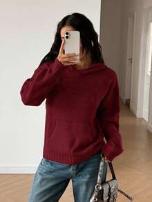 Women's Cute Casaul Streetwear Y2K Solid Color Pocket Hooded Knitted Sweater Pullover Top Loose Homecoming Fall Winter Outfits Clothes Country Concert Christmas Valentine's Day New Year