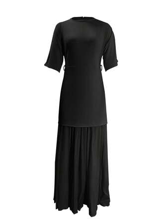 女士时尚拼接 A 字中长连衣裙（无腰带），纯色休闲针织面料，适合日常、晚装、休闲装、派对装、夏季