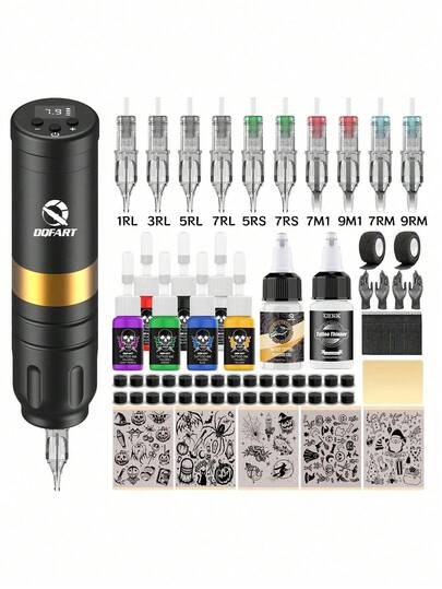 DQFART Complete Wireless Tattoo Kit, Includes Professional Tattoo Machine Pen With 1500mAh Power, Tattoo Needles, Tattoo Ink, Tattoo Transfer Paper And Various Tattoo Accessories, Suitable For Beginners And Tattoo Artists