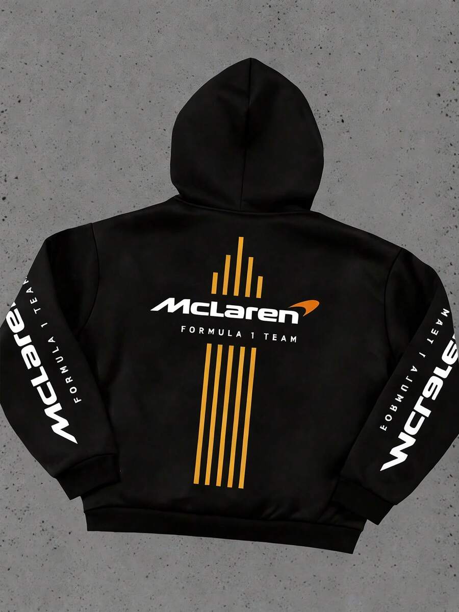 (Double Sided Printing) F1 Racing Culture Element Printing, Polyester Fiber Hooded Sweatshirt, A Must-Have Fashion Item For Autumn And Winter~Skin Friendly, Warm And Not Stuffy, Adding More Comfortable Matching Possibilities. - 黑色 - 查看 1