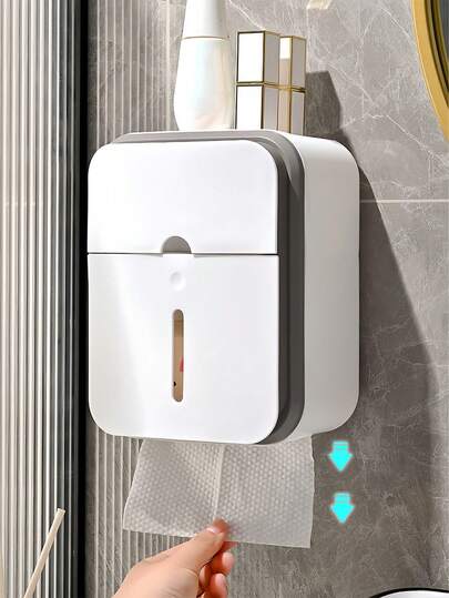 壁挂式卫生纸架，防水浴室收纳盒，简约纸巾盒，大容量卫生纸卷分配器，无需钻孔的纸卷整理器，带抽屉的节省空间塑料收纳盒，浴室收纳整理，适用于厨房、家庭、学校、宿舍、家居装饰、家用物品，公寓必备浴室配件