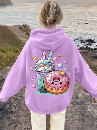 Teen Girl Milk Tea Donut Pattern Printed Warm Loose Oversized Hooded Sweatshirt - Comfortable Long-Sleeved Casual Pullover, Machine Washable, Daily Essential, Loose Style, Suitable For School, Vacation, Shopping, Sports And Other Occasions