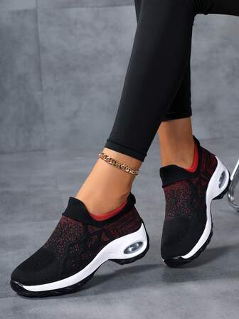 Women Breathable Lightweight Knit Walking Shoes Stretch Sock Upper Colorblock Pattern Round Toe Low Top Slip On Platform Heel Sneakers Casual Sport Style Women Daily Walking Outdoor Travel Spring Summer Black Red Fabric Athletic Shoes