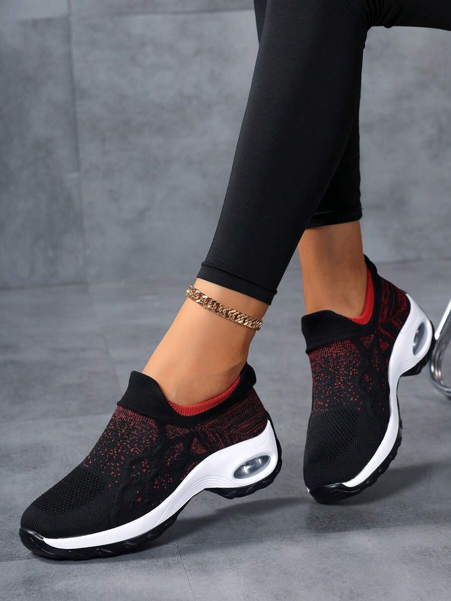 Women Breathable Lightweight Knit Walking Shoes Stretch Sock Upper Colorblock Pattern Round Toe Low Top Slip On Platform Heel Sneakers Casual Sport Style Women Daily Walking Outdoor Travel Spring Summer Black Red Fabric Athletic Shoes - Black - View 1