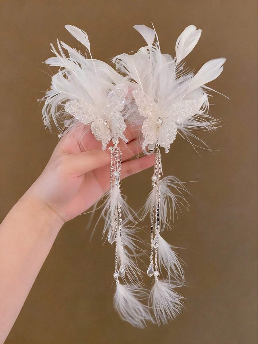 قطعتان من مشابك الشعر على شكل فراشة مزينة بأحجار الماس الاصطناعية للأطفال، إكسسوارات شعر للزفاف مزينة بالخرز والشرابات البلورية، ديكور عروس الخادمة، مناسبة للمناسبات اليومية، ريش اصطناعي (بطاقة عشوائية) - متعدد الألوان - مشاهدة 1