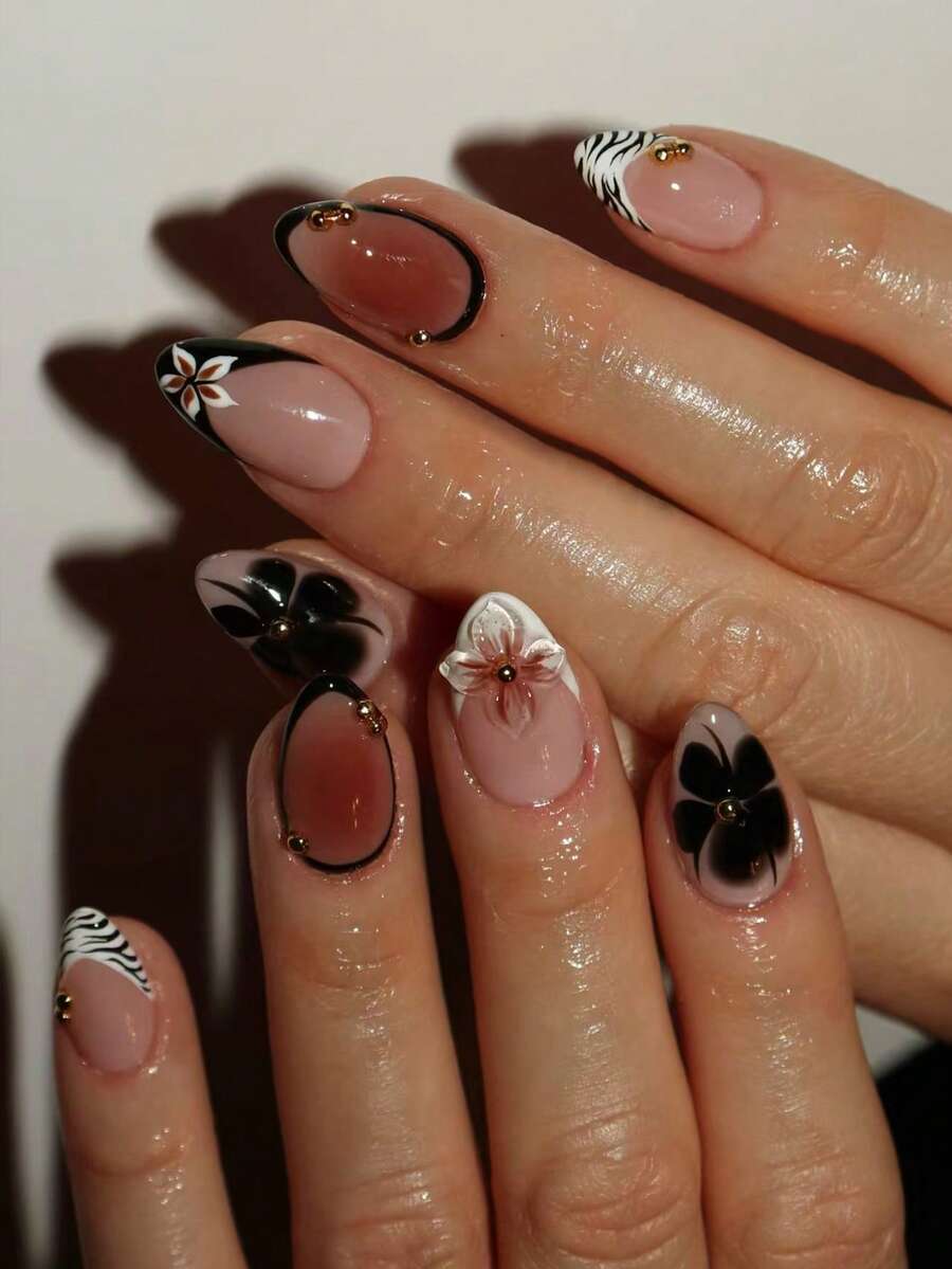 24pcs Short Oval 3D Gel Nail Stickers, Suitable For Floral & Pearl Nail Art, French Acrylic Press-On Nails, Short Design Perfectly Fits Fake Nails, Includes: 1pc Jelly Gel & 1pc Nail File. Short Nails Make Your Fingertips Shine Beautifully, Great For Parties, Dancing And Daily Use. - Multicolor - View 1