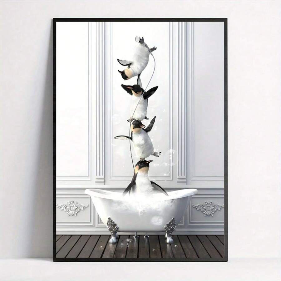 1 قطعة لوحة فنية جدارية بطباعة البطاريق في حوض الاستحمام، صورة البطريق، فن البطريق، لوحة جدارية، غرفة المعيشة، غرفة النوم، ديكور المنزل، لوحات ديكورية للحيوانات، جداريات مضحكة، طباعة لوحات فنية حديثة، هدايا إبداعية، بدون إطار 50 * 70 سم / 19.68 * 27.55 بوصة - متعدد الألوان - مشاهدة 1