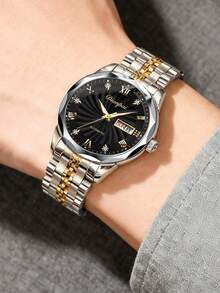 日派时尚男士自动机械表，耐用不锈钢表带，双日历夜光男士腕表 - 情人节礼物 - 銀色 - 查看 4