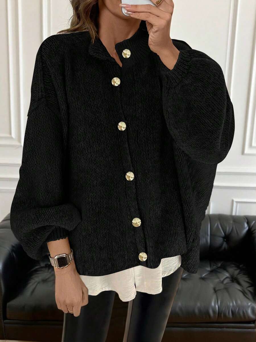 Women's Autumn/Winter Cardigan Sweater Jacket, Fashion Minimalist Business Casual Commute Elegant Resort Warm High-End Versatile Slimming Victory Day Cute Top Korean Style - Black - View 1
