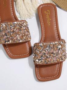 Sandales à enfiler ornées de strass, légères et antidérapantes, convenant pour la plage, le port casual, l'intérieur, les grandes tailles, nouveau design pailleté à la mode - Tabac - Voir 9