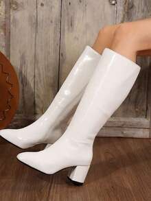 2026秋冬女款白色过膝长靴，粗跟方头，弹性贴合，舒适日常通勤高筒靴 - 白色 - 查看 6