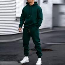Men's Autumn Suit Casual Sports Solid Color Hoodie Men's Two-Piece Set Loose Sweatshirt Men's Clothing - Dark Green - View 12