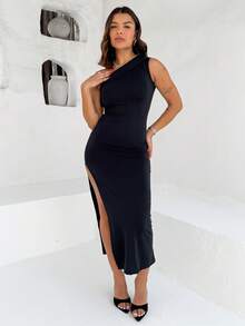 Long, Sleeveless Black Knit Dress, Form-Fitting, With An Asymmetrical Neckline And Thigh Slit, Ideal For Evening Occasions. - 黑色 - 查看 5