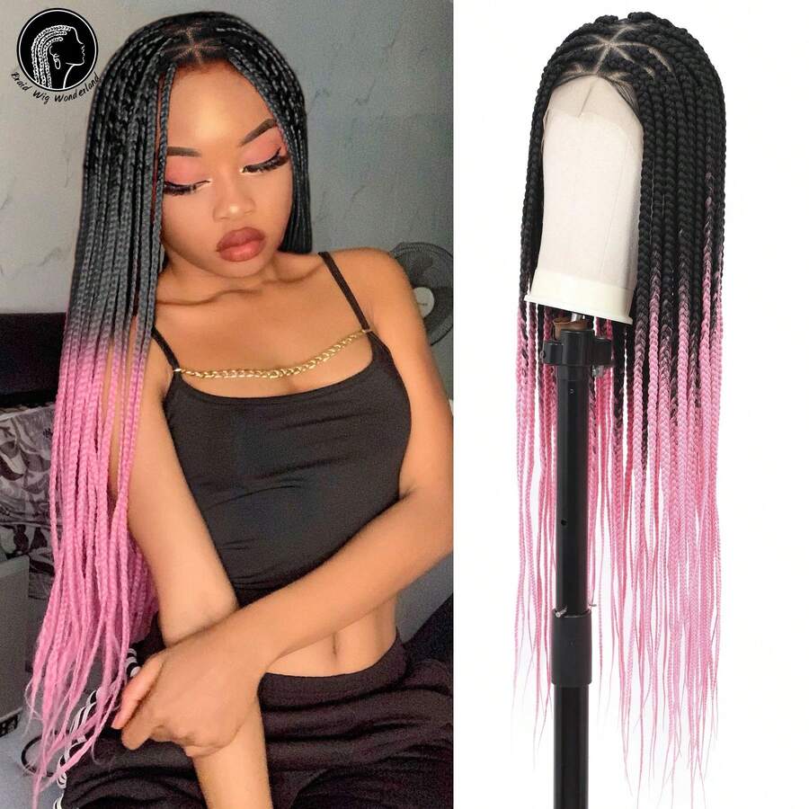 36英寸全蕾丝三角无结盒式编织假发，女士盒式编织全蕾丝前假发，带婴儿发，合成材料，外观自然，玉米辫假发，适合日常、节日和派对佩戴 - 彩色 - 查看 1