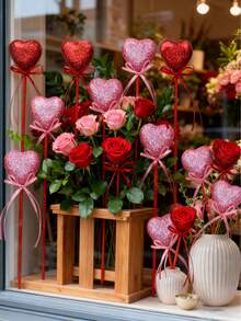 6 piezas de Palitos con flores con forma de corazón y brillo: Decoración de Día de San Valentín en rojo y rosa, adecuados para ramos de San Valentín, cumpleaños, jarrones del hogar, decoraciones de boda y arreglos florales - Diseño de corazón brillante con acentos de cinta, perfecto para decoración floral romántica y ramos de regalo - Multicolor - Ver 2