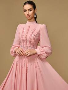 Women's Elegant Long Sleeve Dress With Stand Collar, Front Beaded Ruched Design, Dyed Button Closure - Pink - View 3