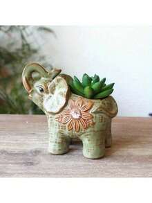 1件复古陶瓷大象工艺品多肉植物花盆绿色植物盆栽家居花园装饰
