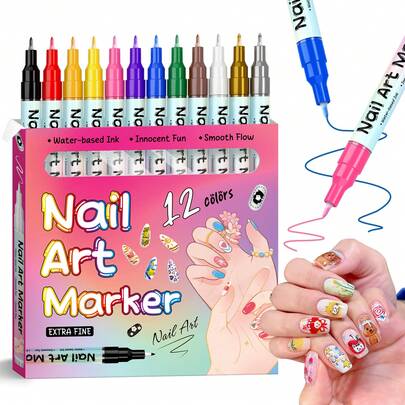 12 Colors Nail Art Pens, DIY Nail Highlighter & Outline Markers, Acrylic Nail Art Markers Set