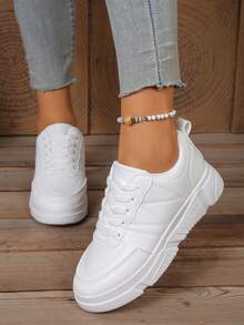 女士白色运动鞋，休闲厚底厚底鞋，防滑增高皮面学生鞋 - 白色 - 查看 6
