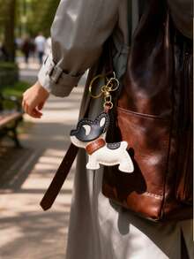 1个PU皮革法斗犬钥匙扣 - 可爱的斗牛犬造型，眼神灵动，黑白相间的耳朵，经久耐用，是情人节、生日、日常使用的理想礼物（可挂在包包、钥匙上，宠物爱好者必备） - 迷人的PU皮革法斗犬，配有棕色项圈和爪印，亮面黑白设计，是女士时尚和节日礼物的理想之选 - 彩色 - 查看 5