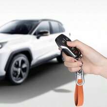 Llavero de piel genuino para coche, accesorios universales de metal resistente, llavero de coche con cierre giratorio de 360 grados y anillo en D antiprdida para hombres y mujeres rosa claro - Universal + Naranja - Ver 7