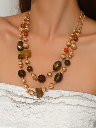 1pc Bohemian Vintage Elegant Black, Brown, Khaki Resin Round Beads, CCB Beads, Glazed Spotted Beads DIY Necklace, Imitation Jade Resin Round Beads With Metal Chain, Suitable For Sweater, Everyday, Party, Holiday, Suitable For Sexy Lady, Gift For Valentine's Day, Thanksgiving, Friends, Randomly Colored Resin With Slight Molding Marks