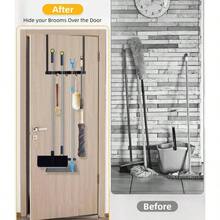 Broom Holder Over Door - 304 Stainless Steel Mop And Broom Holder Wall Mounted Or Hanging Over Door With Hooks - Broom Hanger, Broom Storage Organizer Garage Closet Laundry - 黑色+1 - 查看 3