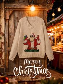 Boho V-Neck Christmas Print Casual Loose Knit Pullover Top