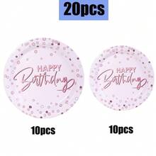 10/20/40/50 piezas, Platos de fiesta de cumpleaños en color oro rosa - Vajilla elegante en oro rosa con letras de "Feliz Cumpleaños", platos de postre y cena con estampado de puntos en oro rosa y diseños de cumpleaños para celebraciones de cumpleaños de familias de niños y niñas, para fiestas de princesas, despedidas de soltera y decoraciones de fiesta de cumpleaños en fines de semana y días festivos - Oro rosa - Ver 14