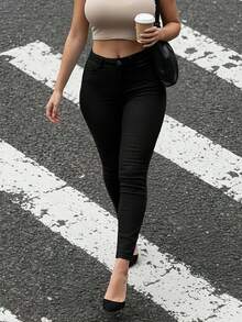 Women's Fashionable Skinny Stretch Jeans With A Low-Rise, Hip-Lifting Design. Made Of Comfortable And Stretchy Fabric, These Jeans Are Suitable For Adult Women And Offer A Stylish Look All Year Round. - 黑色 - 查看 9