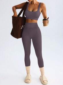 Fitness Set In Ribbed, Thick Polyamide - Top And Leggings - High Compression - Grey - View 3