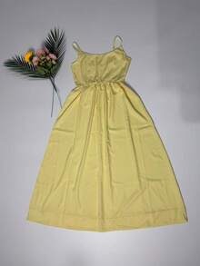 大码女式纯色性感U领褶皱腰身飘逸连衣裙