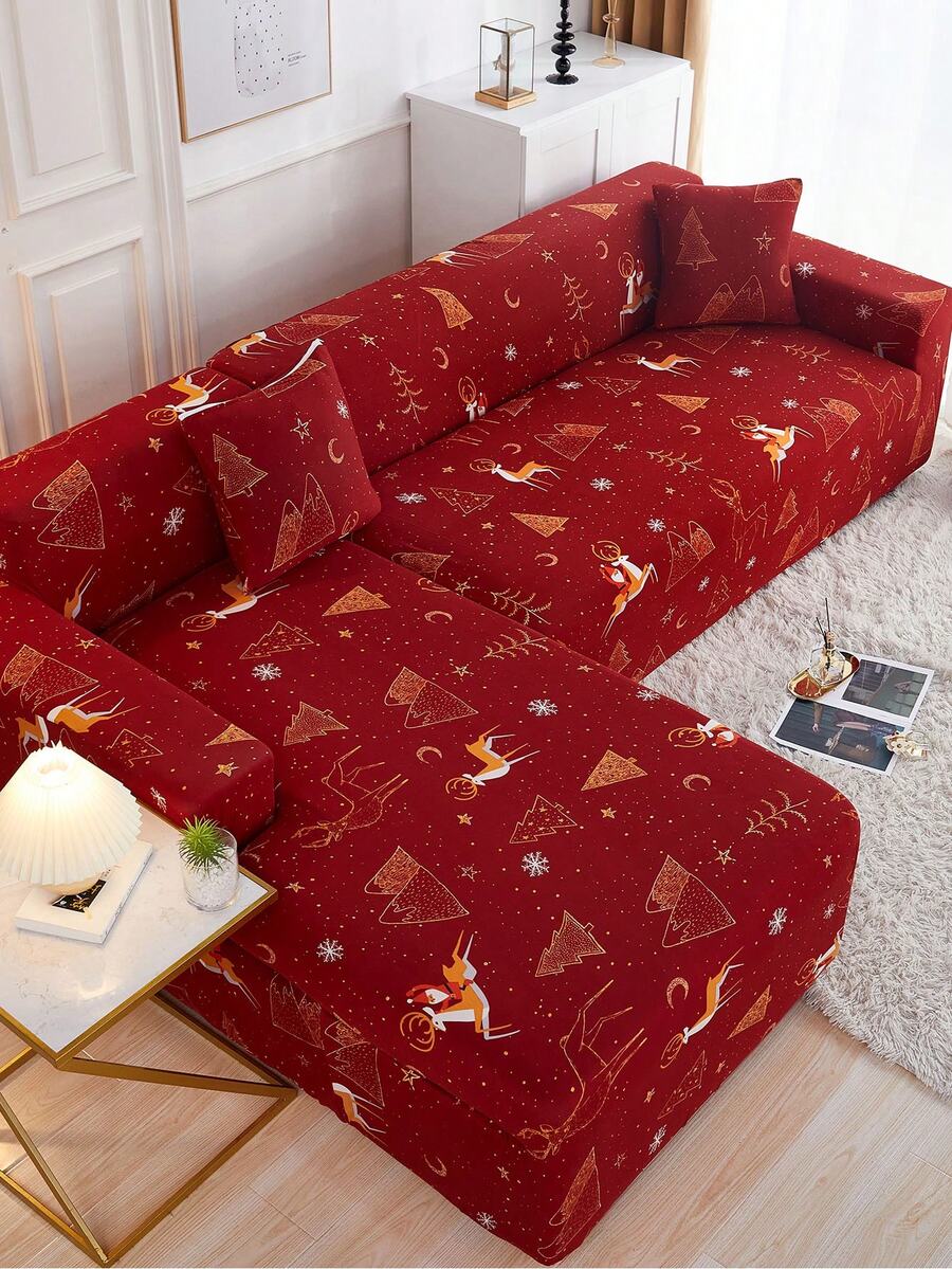 1件圣诞驯鹿印花弹力沙发套（含1个枕套），沙发保护套，圣诞驯鹿图案，适合客厅圣诞节假日家居装饰 - 聖誕鹿 - 查看 1