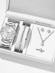 6 件/套，女士手表，时尚，银色钢表带石英表，带项链、手链、耳环、戒指、手表手链套装，适合日常佩戴，礼物 - 銀色 - 查看 5
