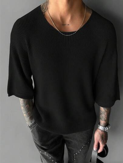 Camiseta de punto de manga corta de corte holgado y cuello redondo de unicolor para hombres de talla grande