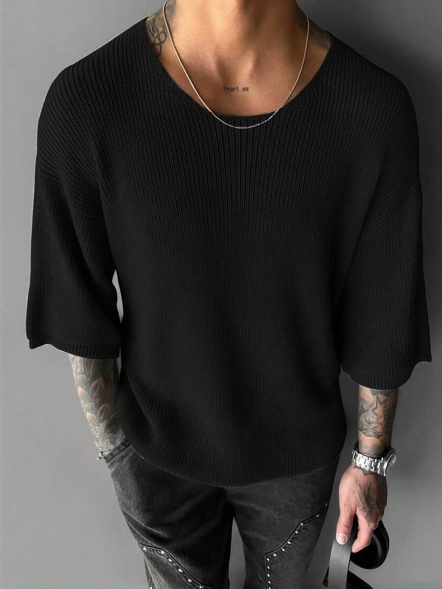 Camiseta de punto de manga corta de corte holgado y cuello redondo de unicolor para hombres de talla grande