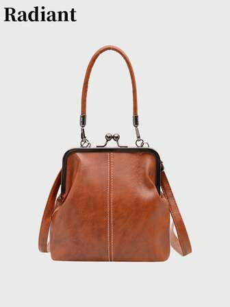 1pc Retro Faux Leather Crossbody Bag, Women's Vintage Style Kiss Lock Mini Handbag With Adjustable Shoulder Strap, Solid Color Lightweight City Tote Bag, Polyester Lining, Unisex