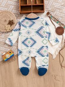 Newborn Baby Boy Bodysuit, Round Neck Printed Fitted Long Sleeve Fashionable Design - Multicolor - View 2
