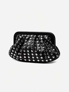 New Fashionable Versatile Features A Pleated Design With Retro Square Metal Trim. Simple Rivet Banquet Bag Niche Design High-End Retro Punk Style Popular Design Commuting Shopping Ladies Black, Cool Style Halloween Purse Perfect For Fancy Party Halloween Fashion & Music Festival Gothic Fashion - Black - View 1